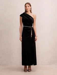 Venita One Shoulder Velvet Maxi Black