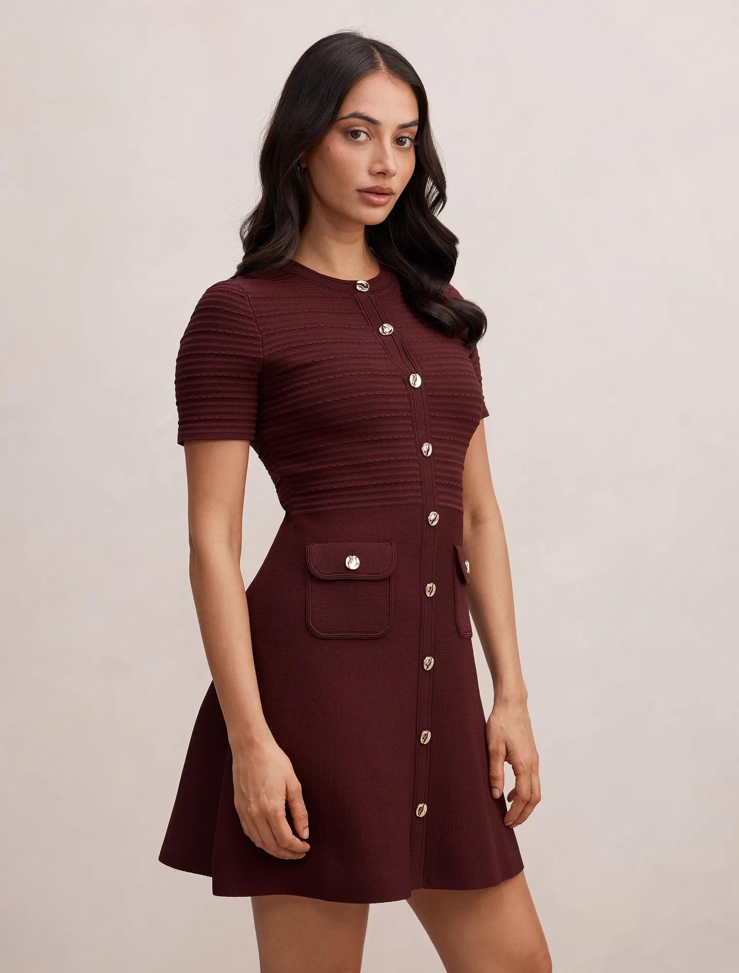 Anika Stitch Interest Knit Mini Dress Berry Red