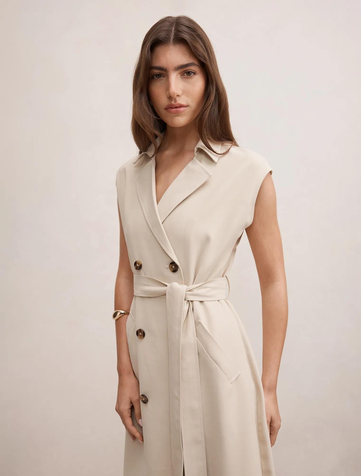 Elsa Sleeveless Trench Midi Dress Neutral Stone