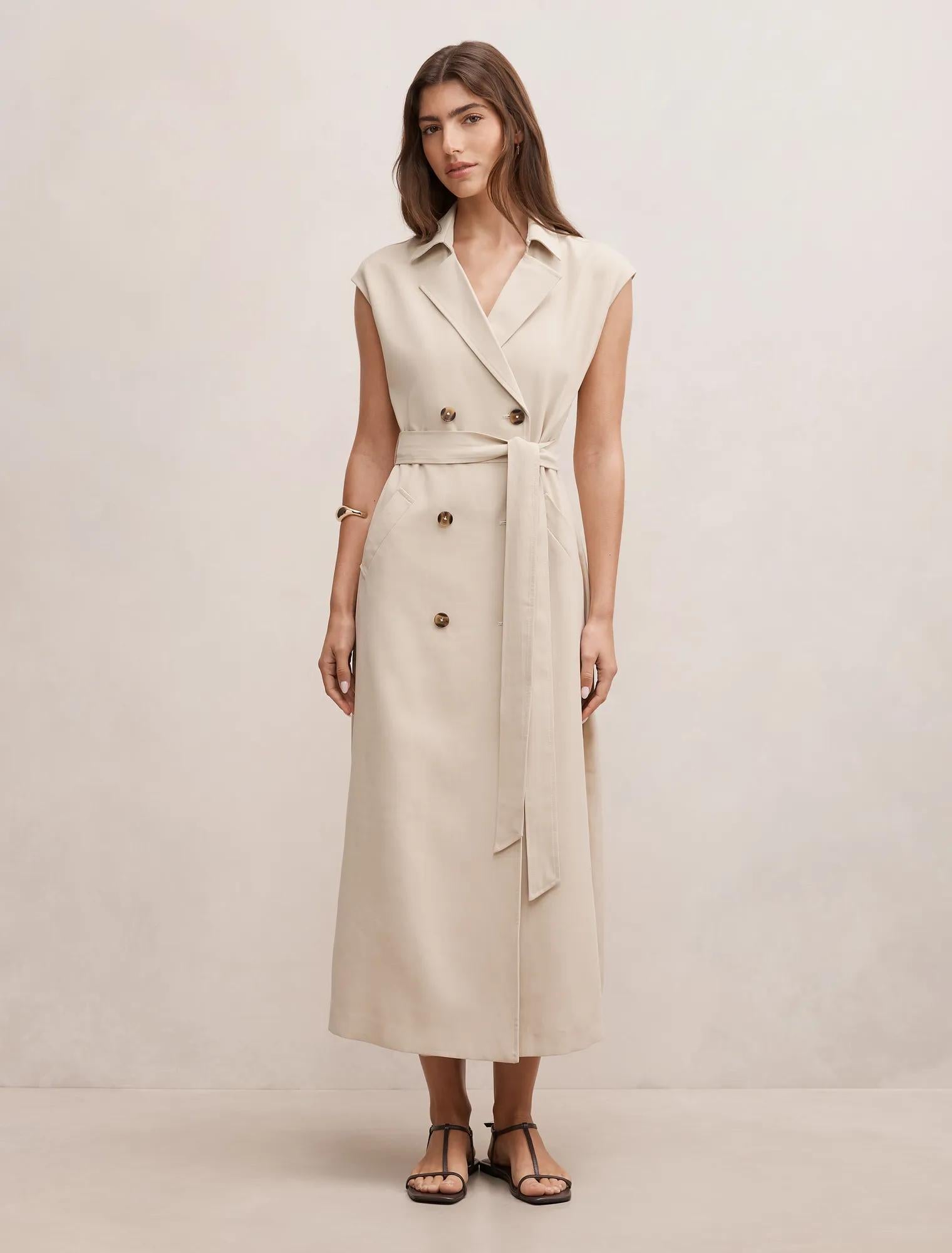 Elsa Sleeveless Trench Midi Dress Neutral Stone
