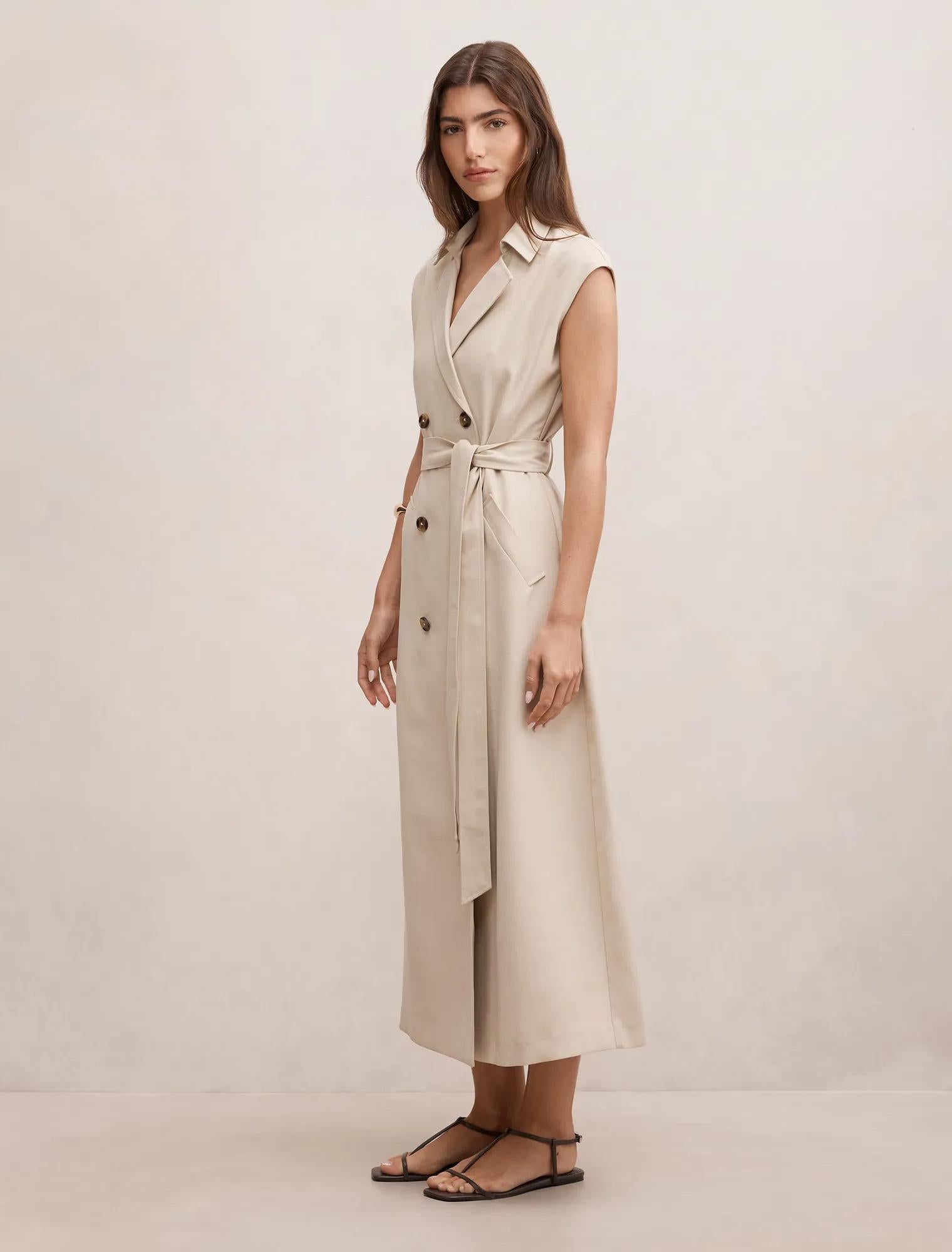 Elsa Sleeveless Trench Midi Dress Neutral Stone