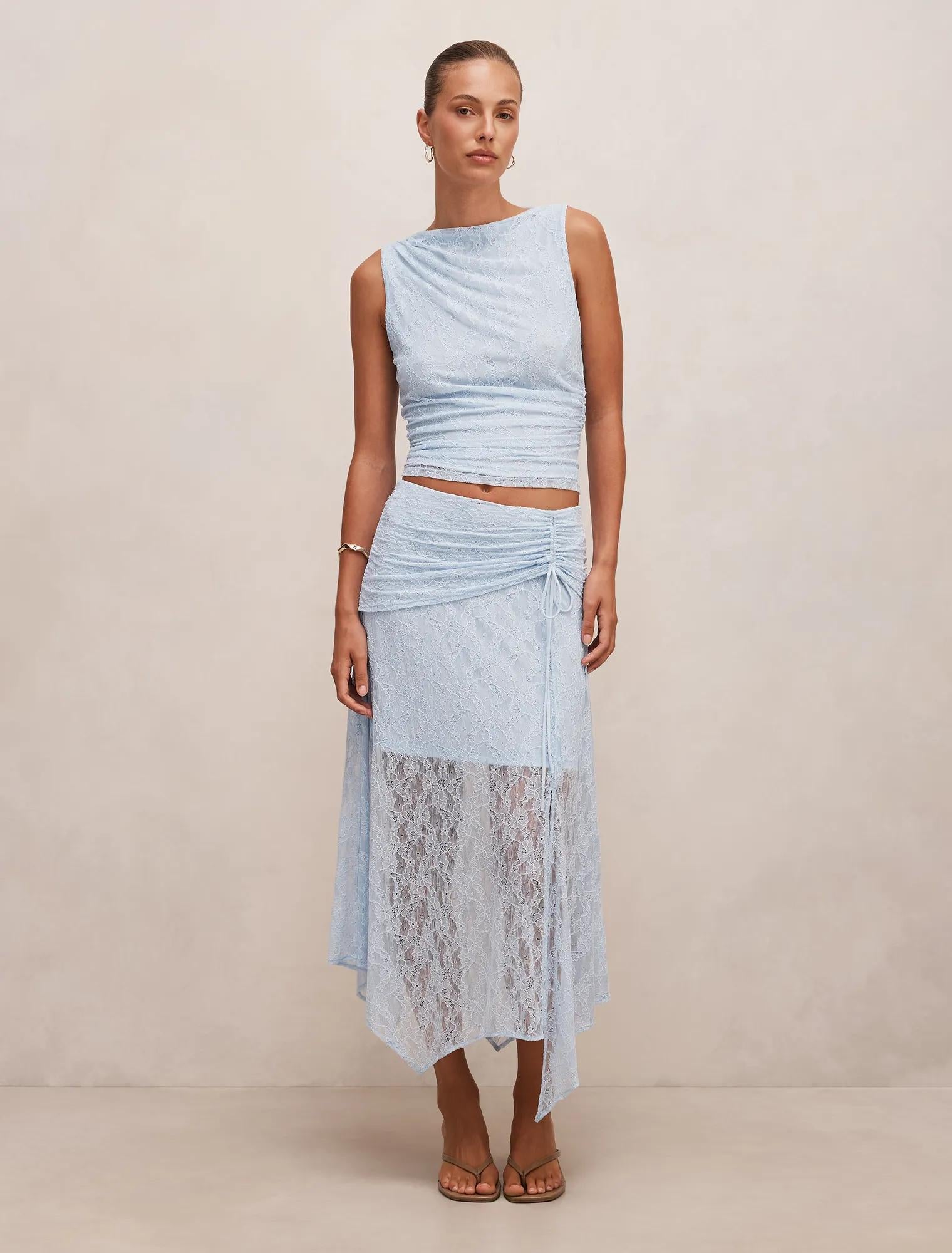 Khai Lace Asymm Skirt Soft Blue Co-ord