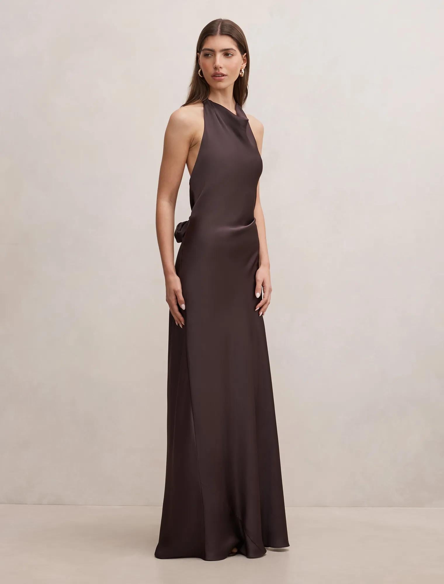 Drew Halter Back Tie Maxi Warm Chocolate