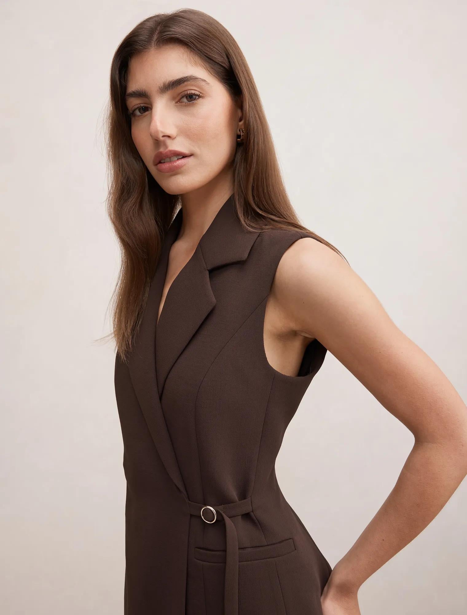 Demi Tie Sleeveless Blazer Chocolate Mousse Suit