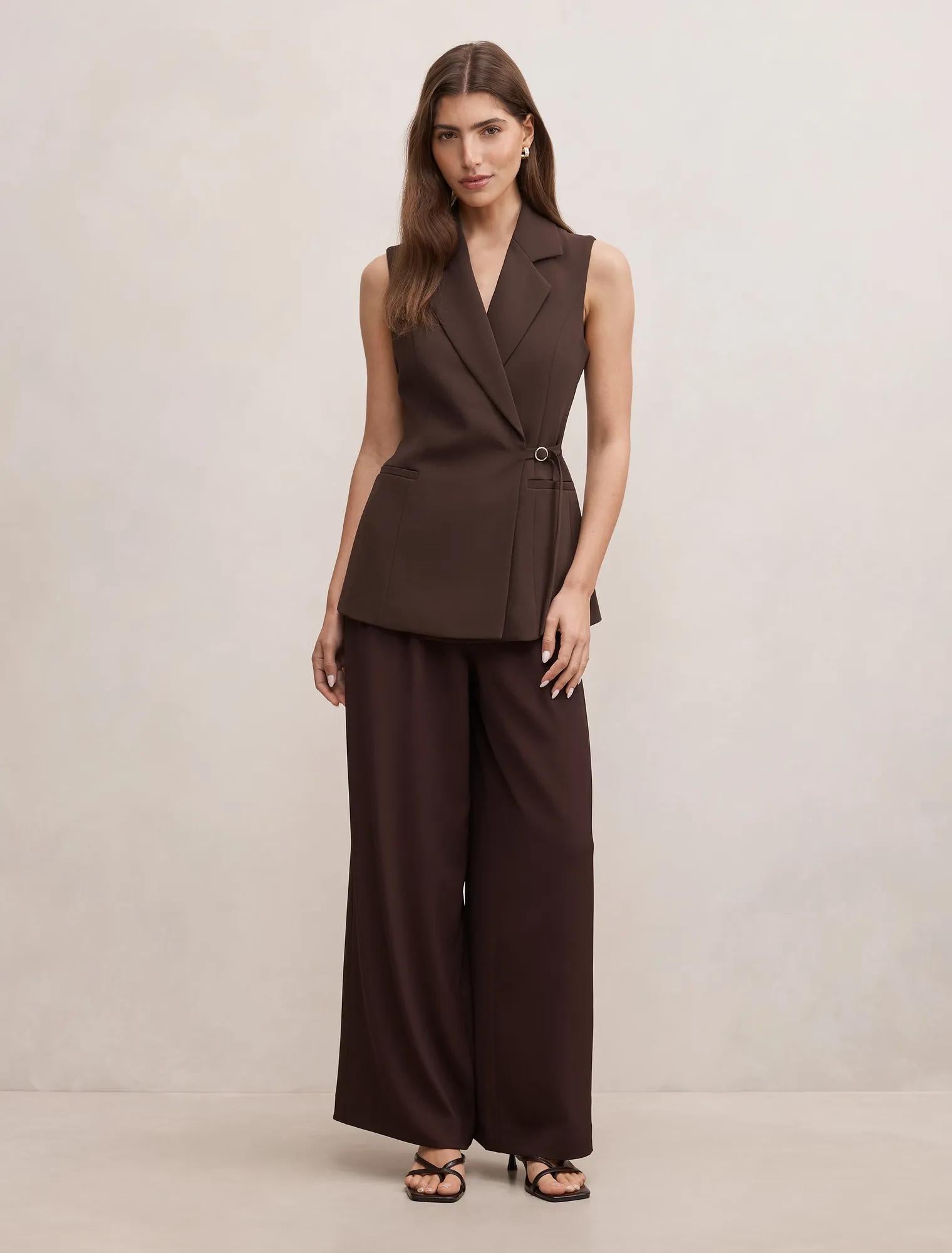 Demi Tie Sleeveless Blazer Chocolate Mousse Suit