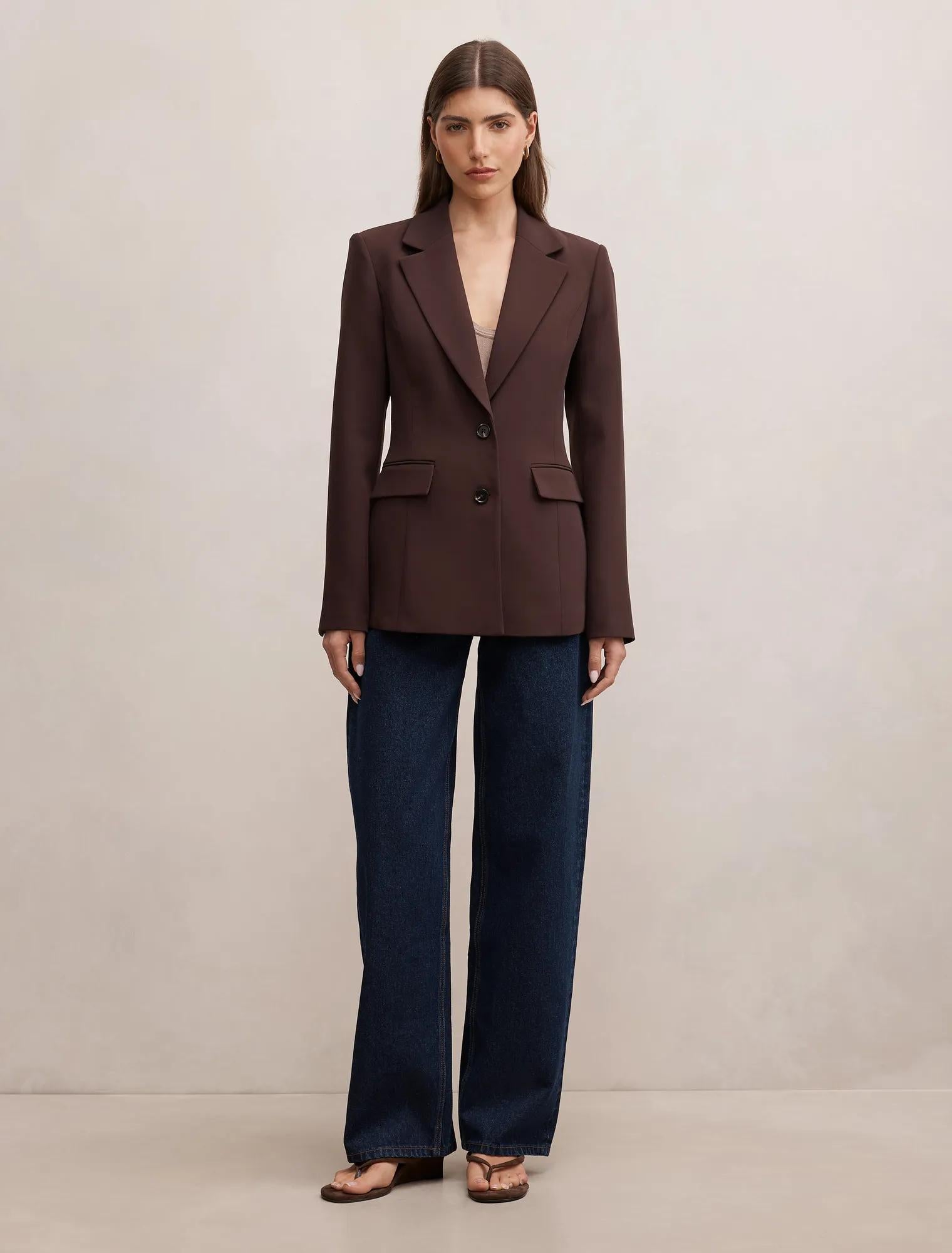 Lee Nipped Waist Blazer Chocolate Brown Suit