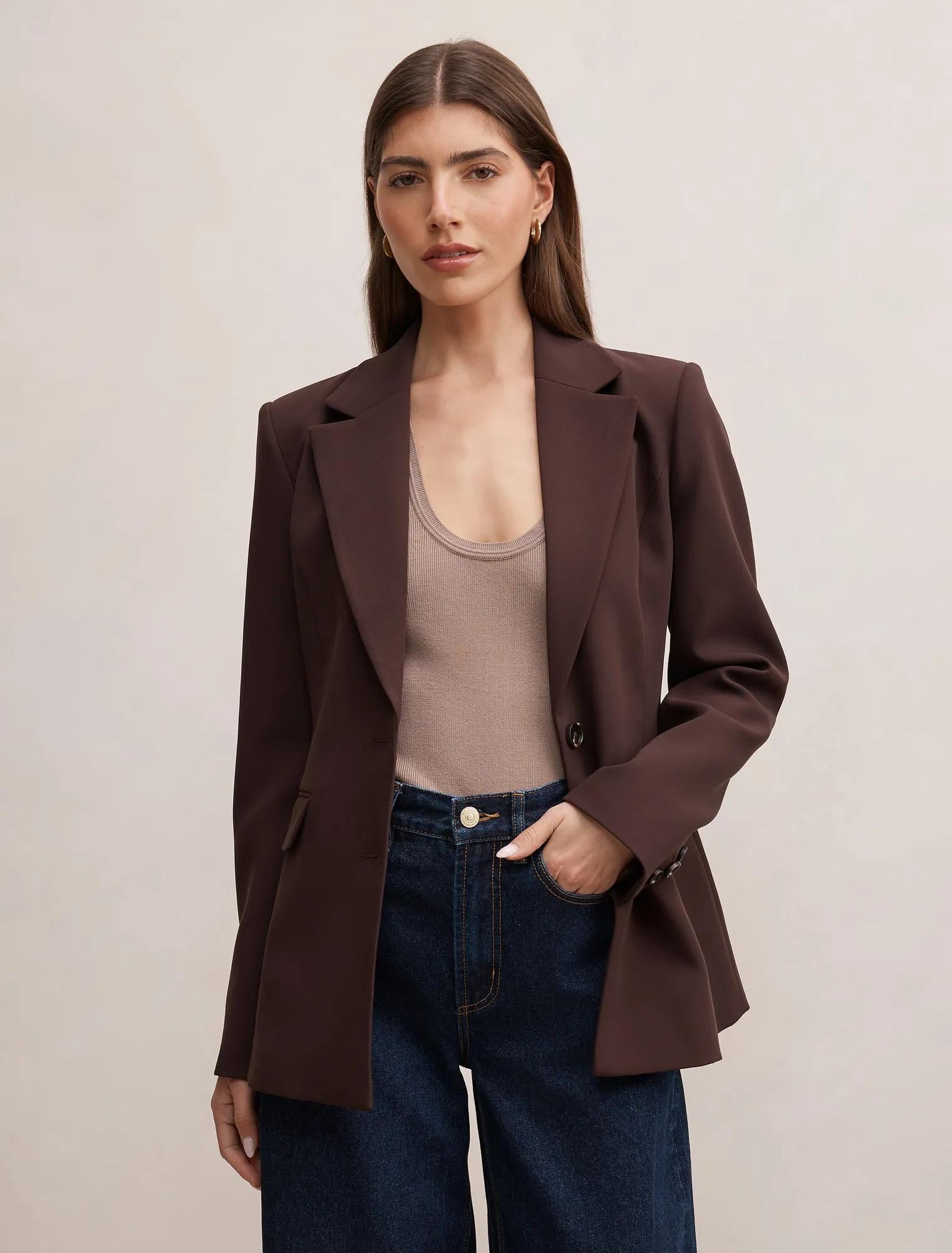 Lee Nipped Waist Blazer Chocolate Brown Suit