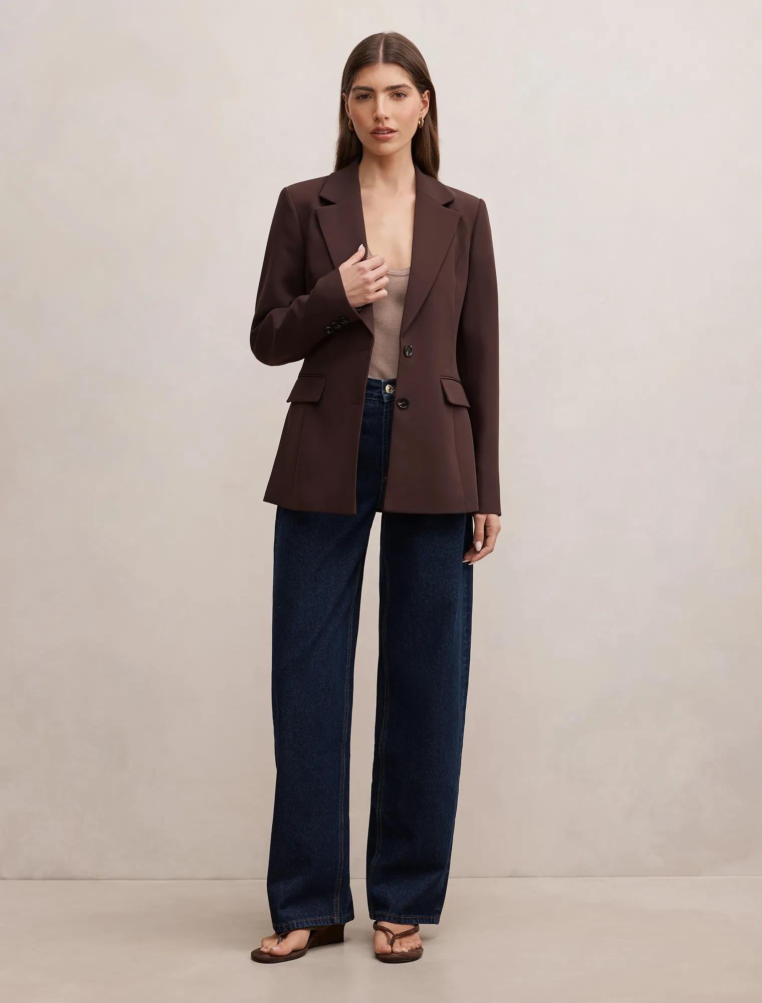 Lee Nipped Waist Blazer Chocolate Brown Suit