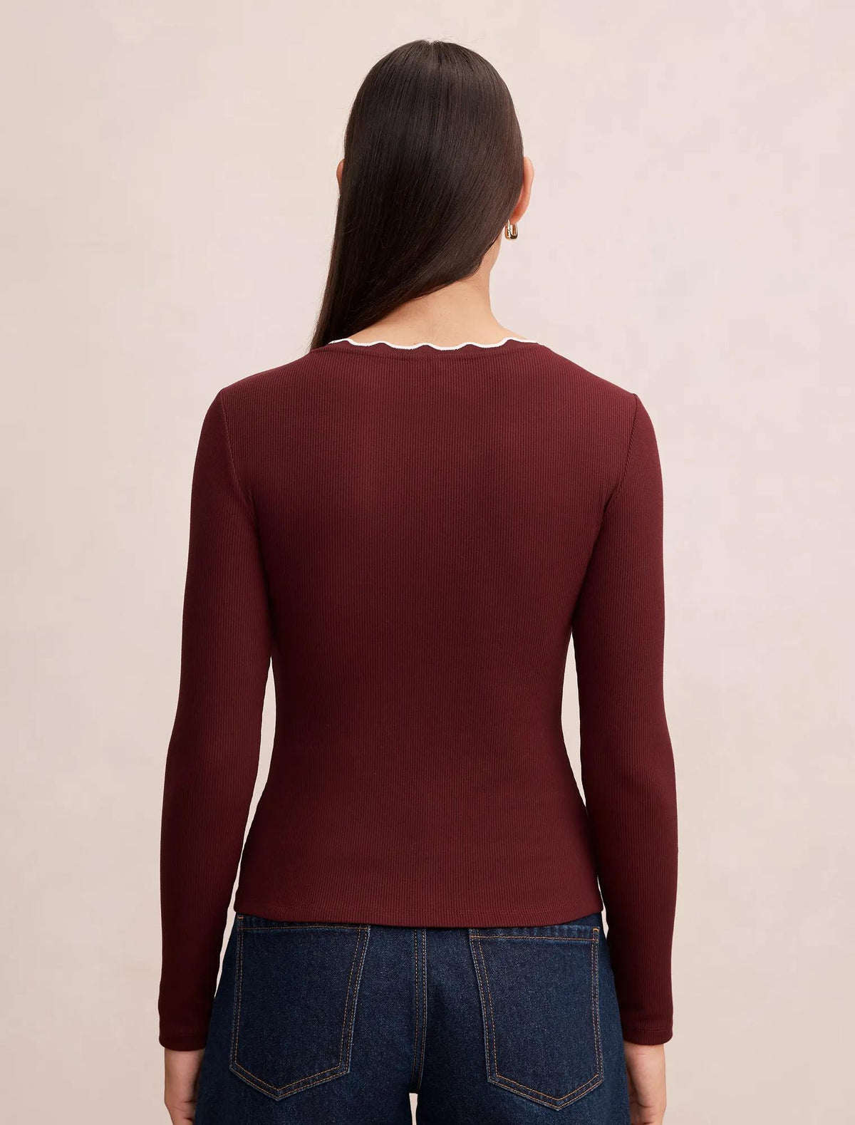 Rebecca Scallop Long Sleeve Deep Maroon/ Porcelain
