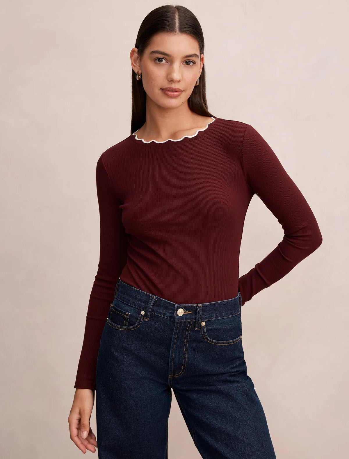 Rebecca Scallop Long Sleeve Deep Maroon/ Porcelain