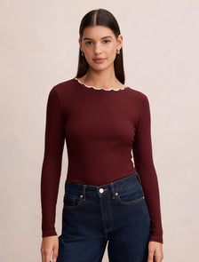 Rebecca Scallop Long Sleeve Deep Maroon/ Porcelain