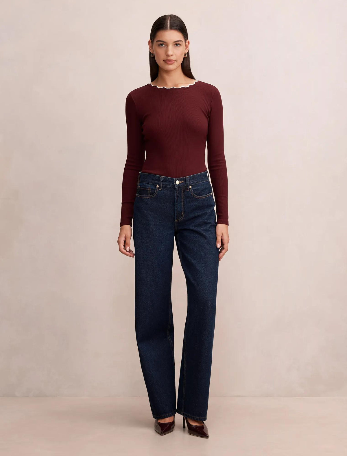 Rebecca Scallop Long Sleeve Deep Maroon/ Porcelain