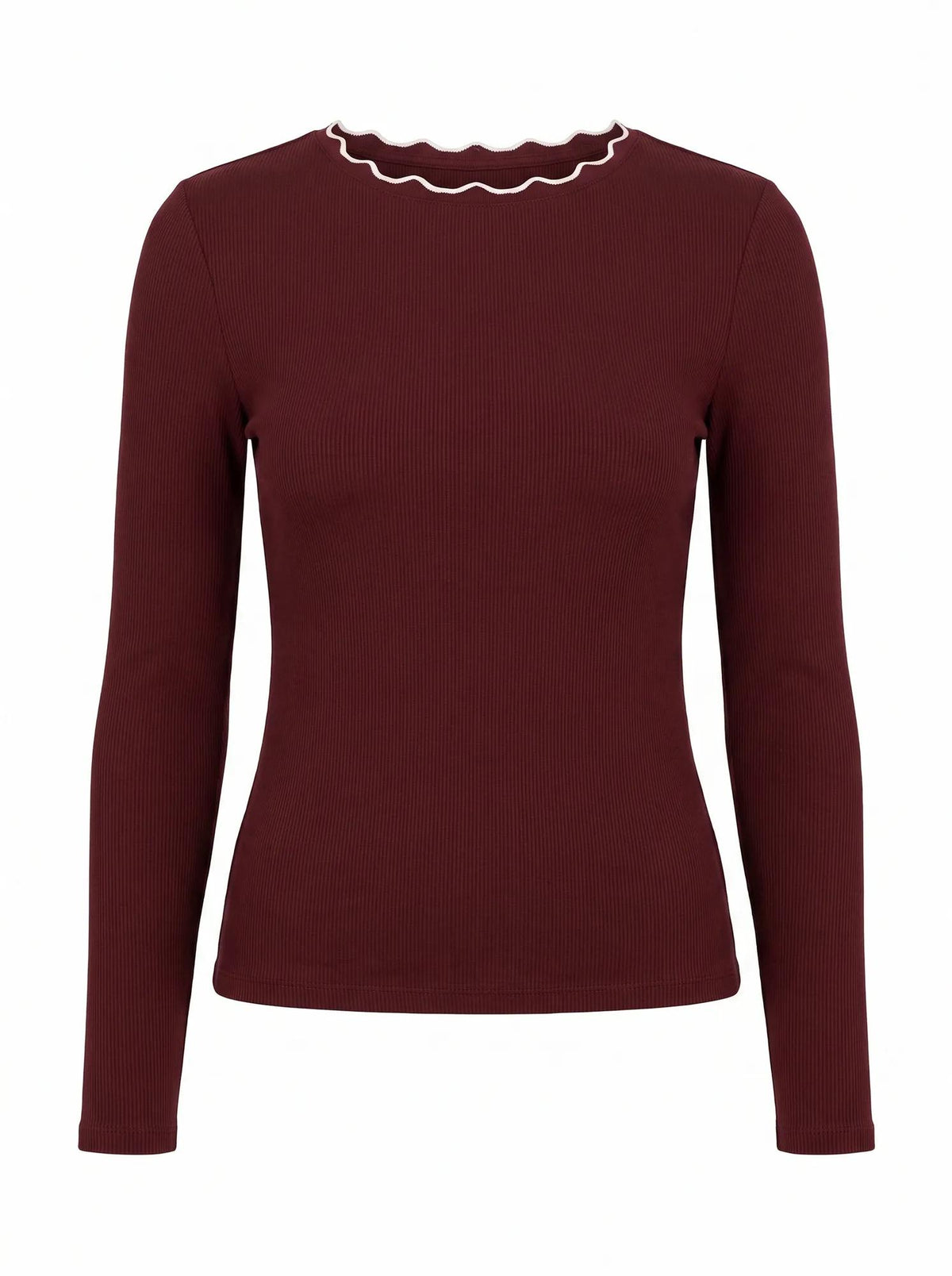 Rebecca Scallop Long Sleeve Deep Maroon/ Porcelain_mannequin