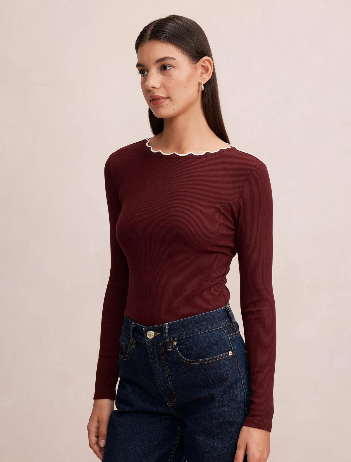 Rebecca Scallop Long Sleeve Deep Maroon/ Porcelain