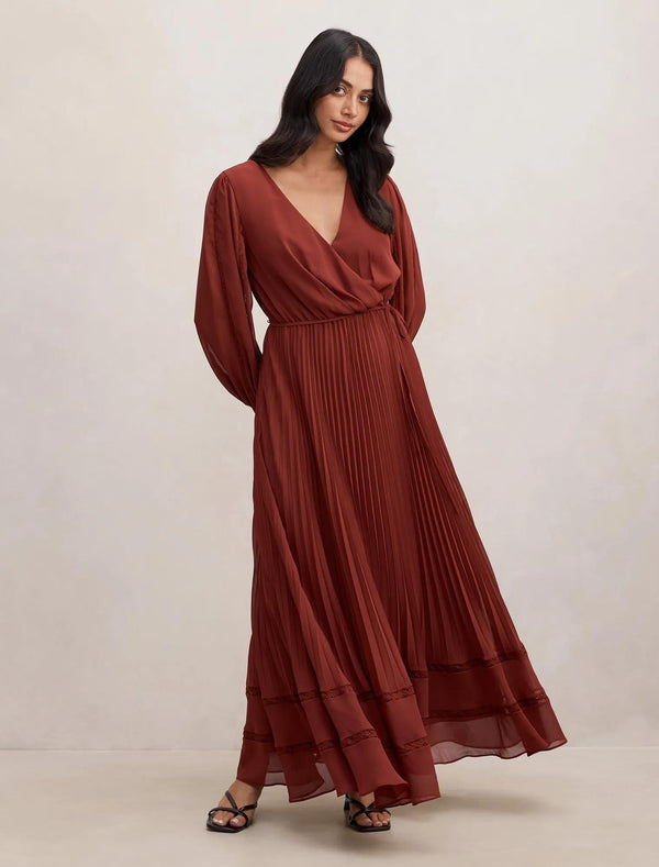 Shellie Wrap Lace Pleated Midi Syrah Red