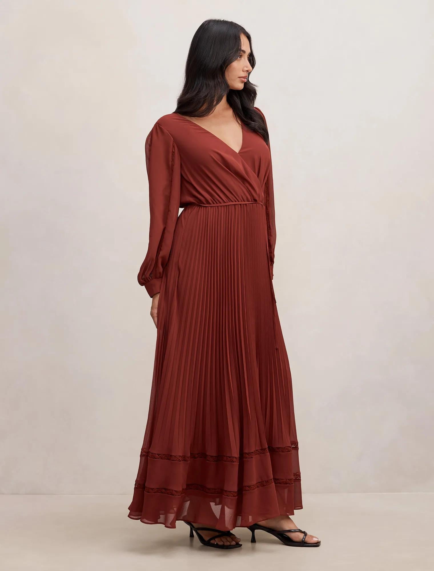 Shellie Wrap Lace Pleated Midi Syrah Red