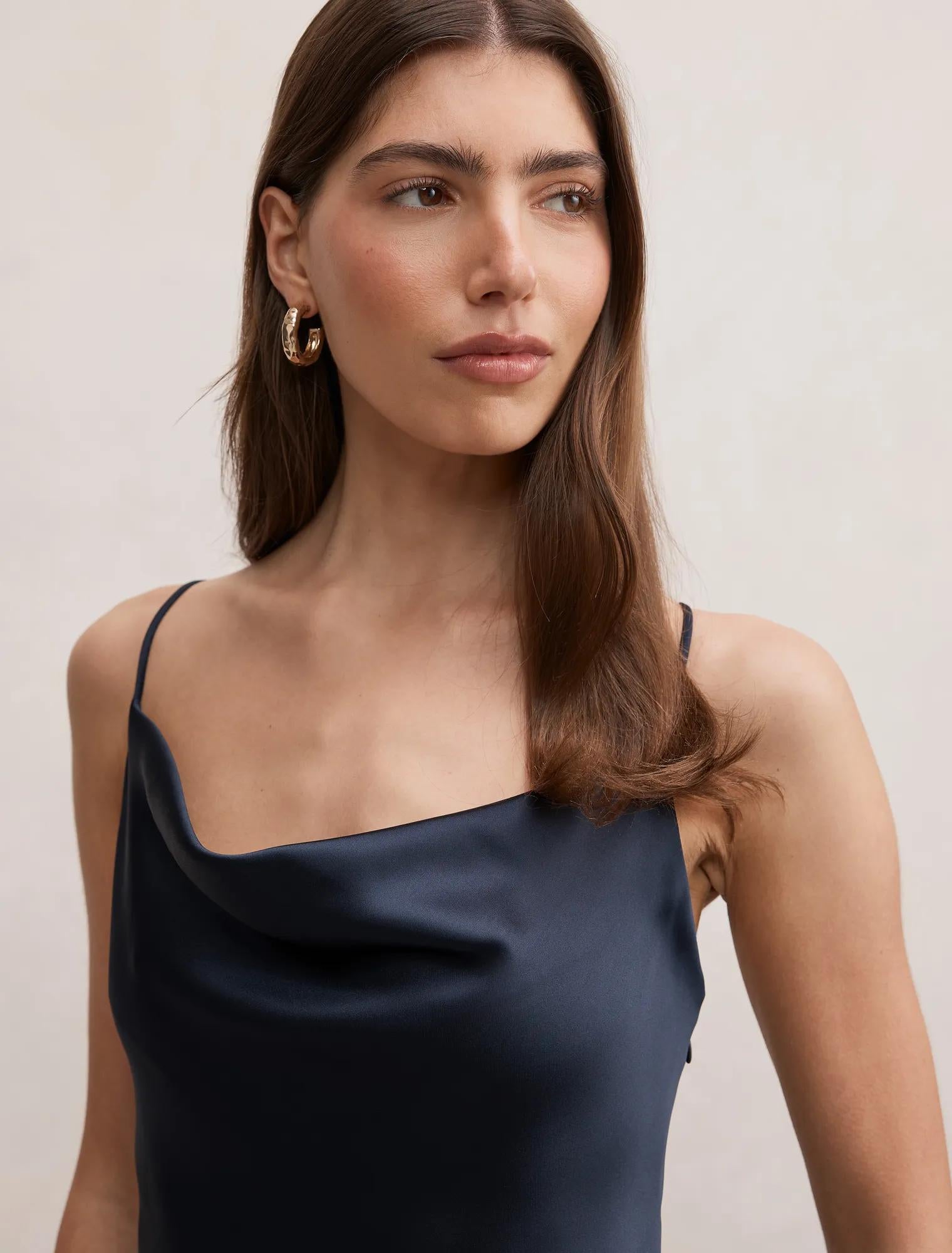 Tilesha Satin Cowl Slip Maxi Navy