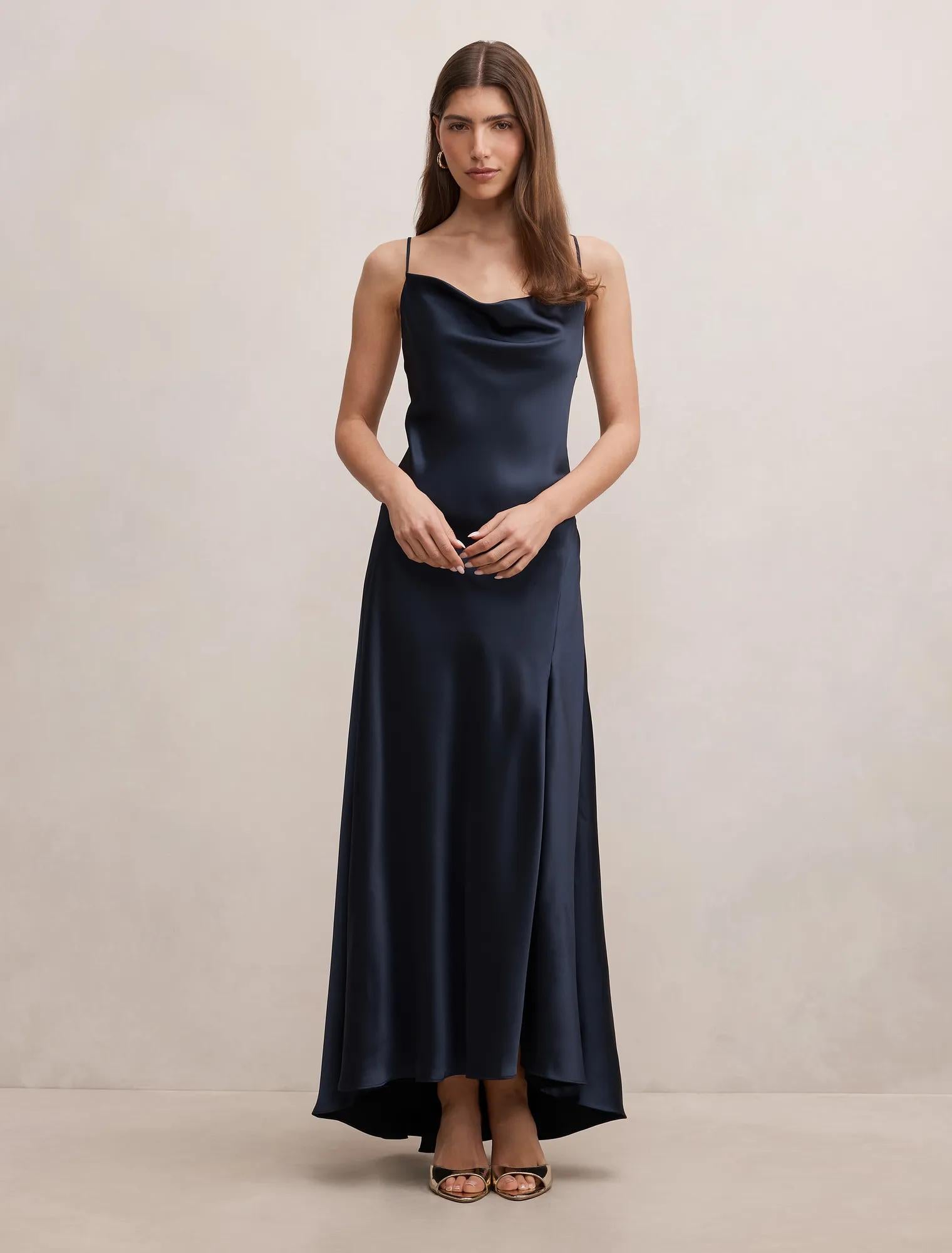 Tilesha Satin Cowl Slip Maxi Navy