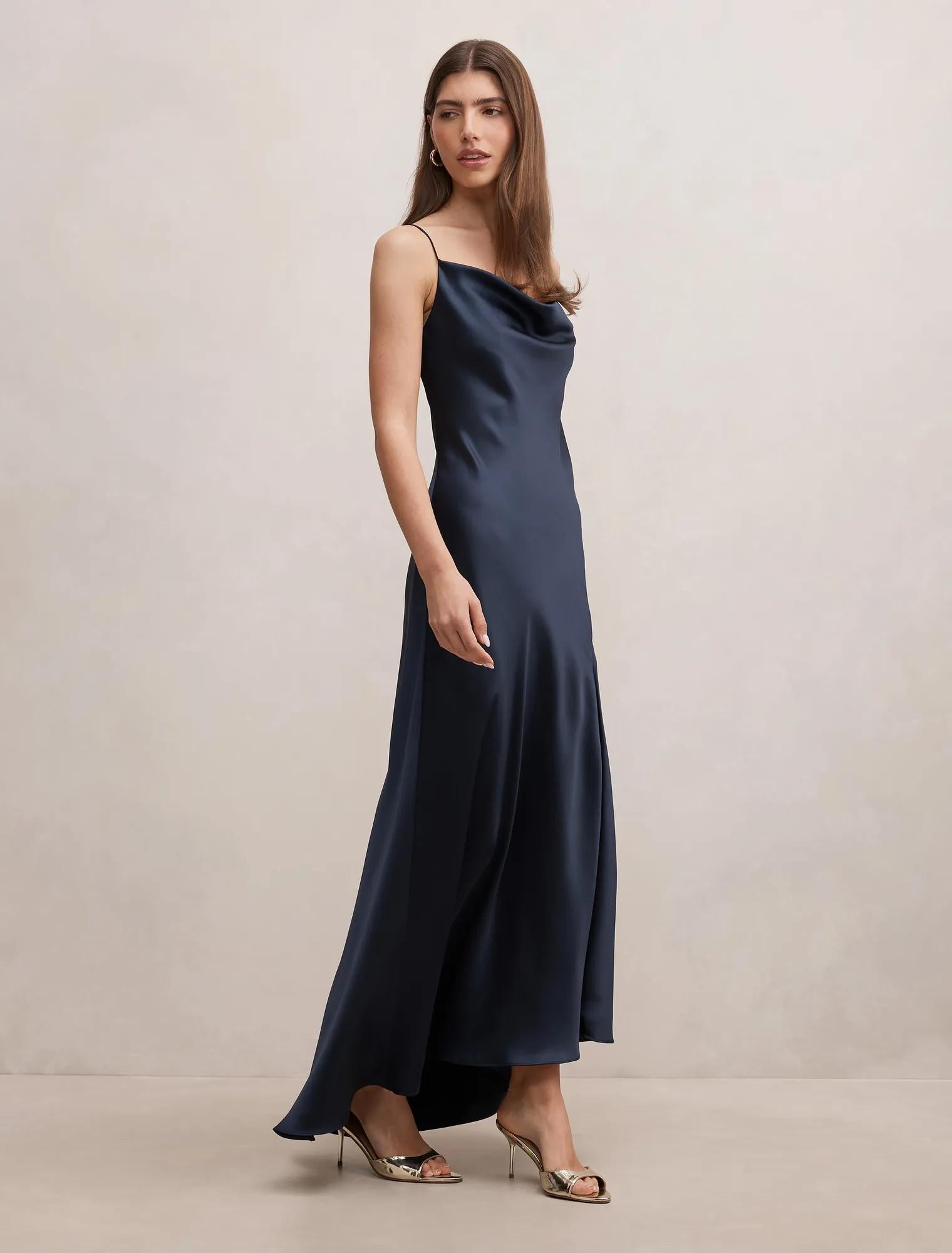 Tilesha Satin Cowl Slip Maxi Navy