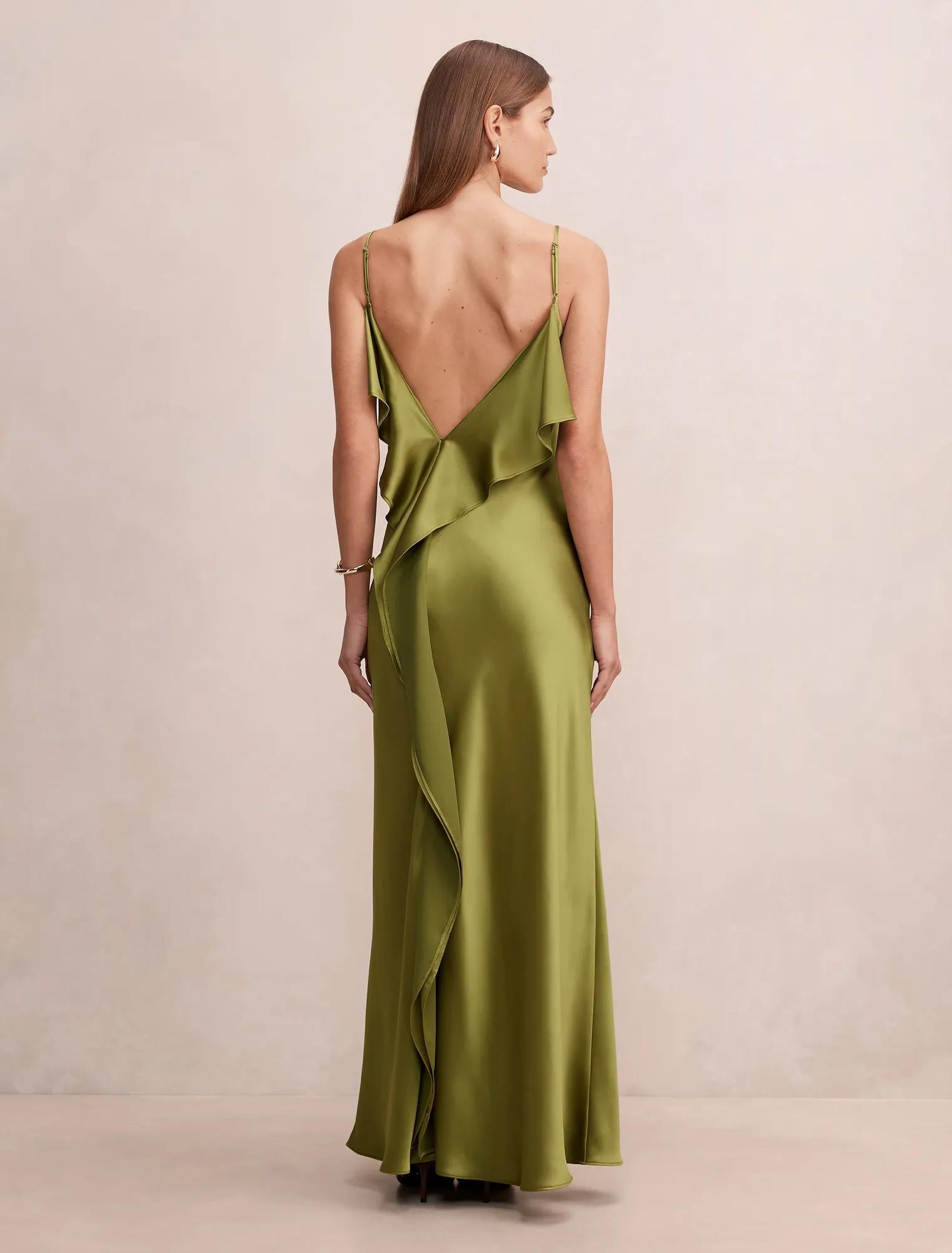 Allora Ruffle Back Satin Maxi Pear Green