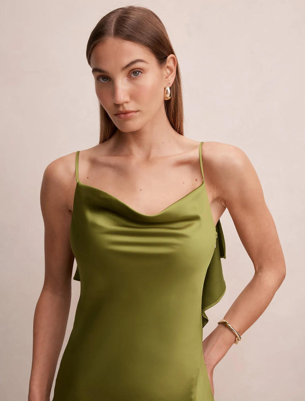 Allora Ruffle Back Satin Maxi Pear Green