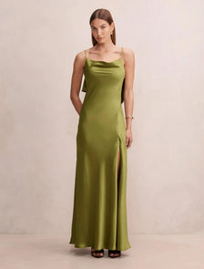 Allora Ruffle Back Satin Maxi Pear Green