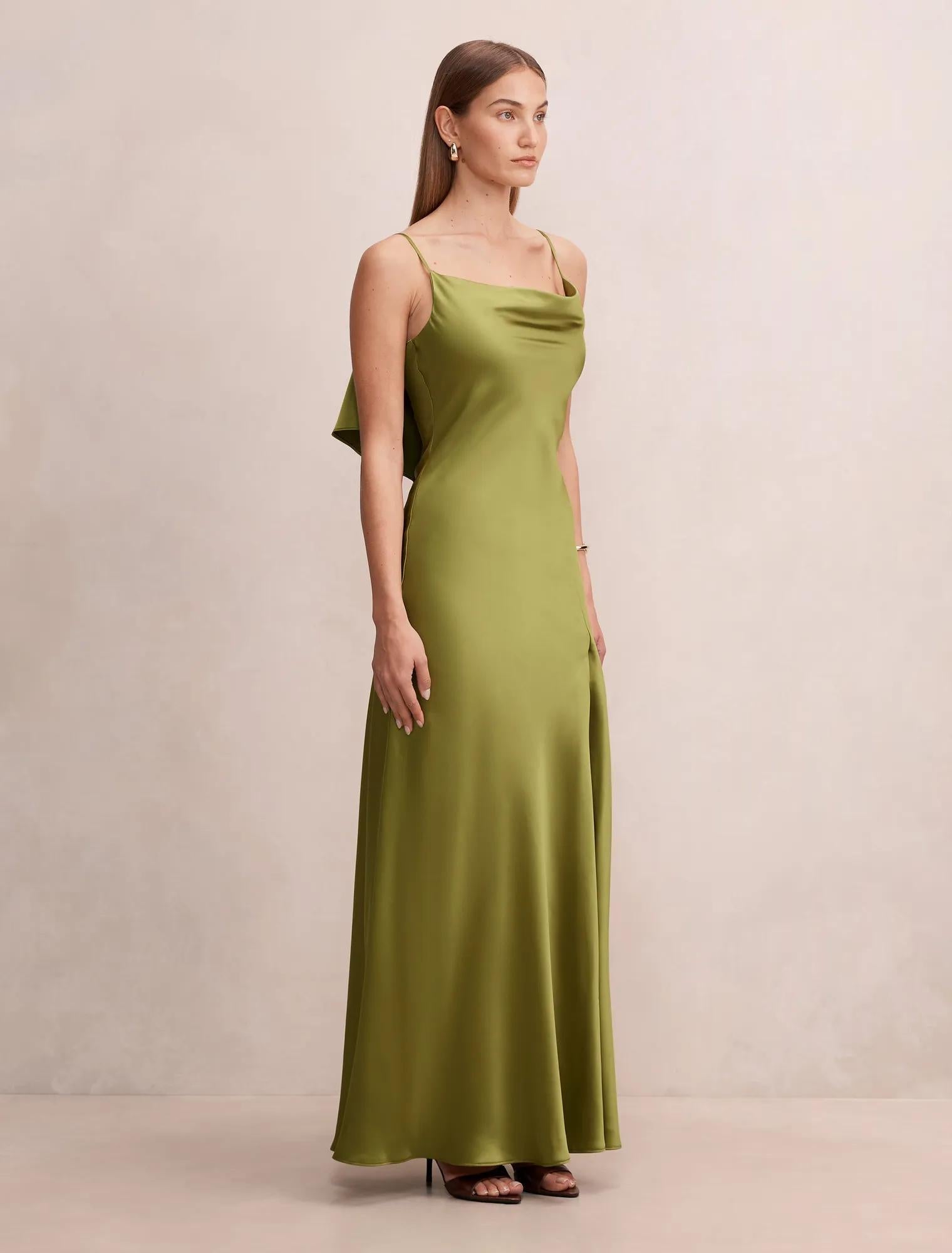 Allora Ruffle Back Satin Maxi Pear Green