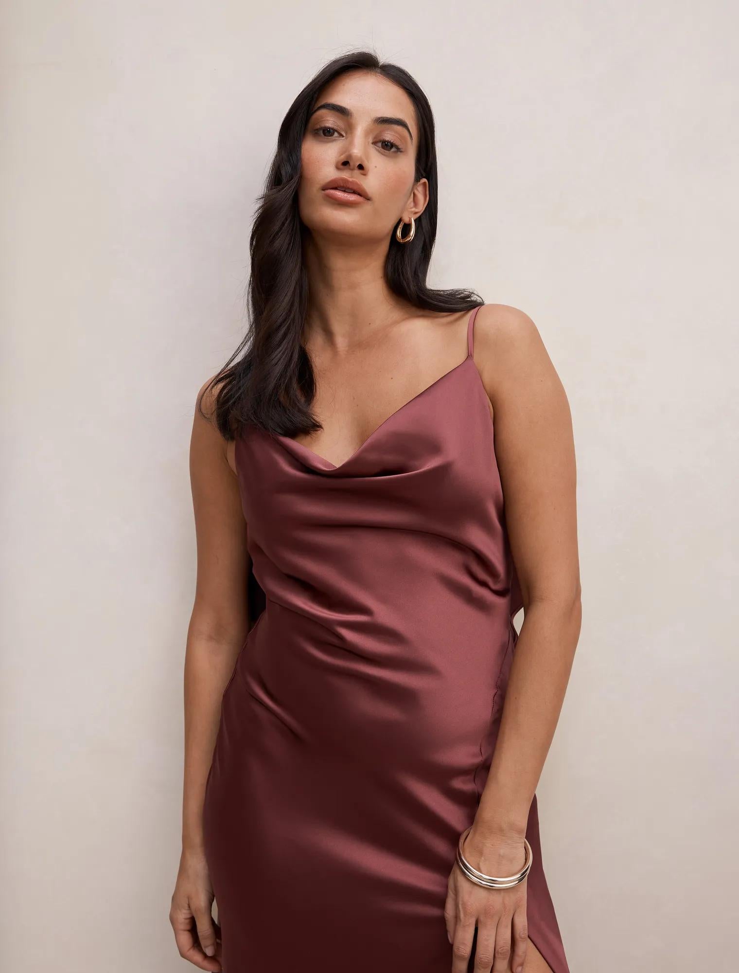 Allora Ruffle Back Satin Maxi Dress Wild Plum