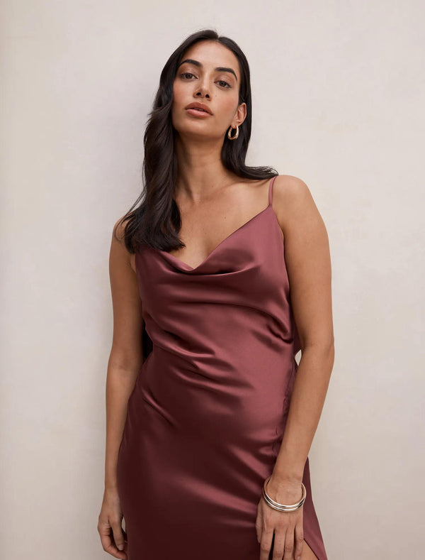 Allora Ruffle Back Satin Maxi Dress Wild Plum