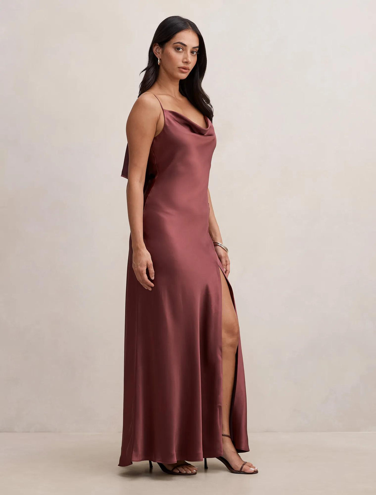 Allora Ruffle Back Satin Maxi Dress Wild Plum
