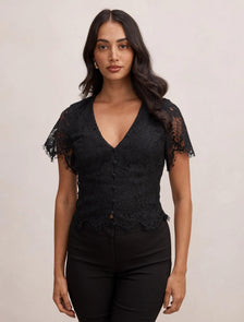 Vienna Lace V Neck Top Black