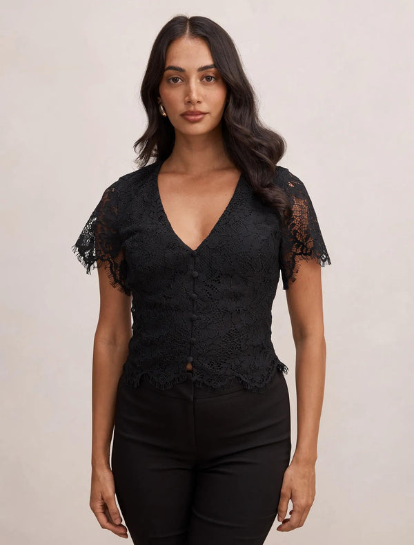 Vienna Lace V Neck Top Black