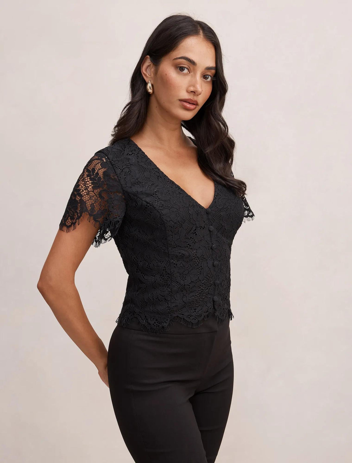 Vienna Lace V Neck Top Black