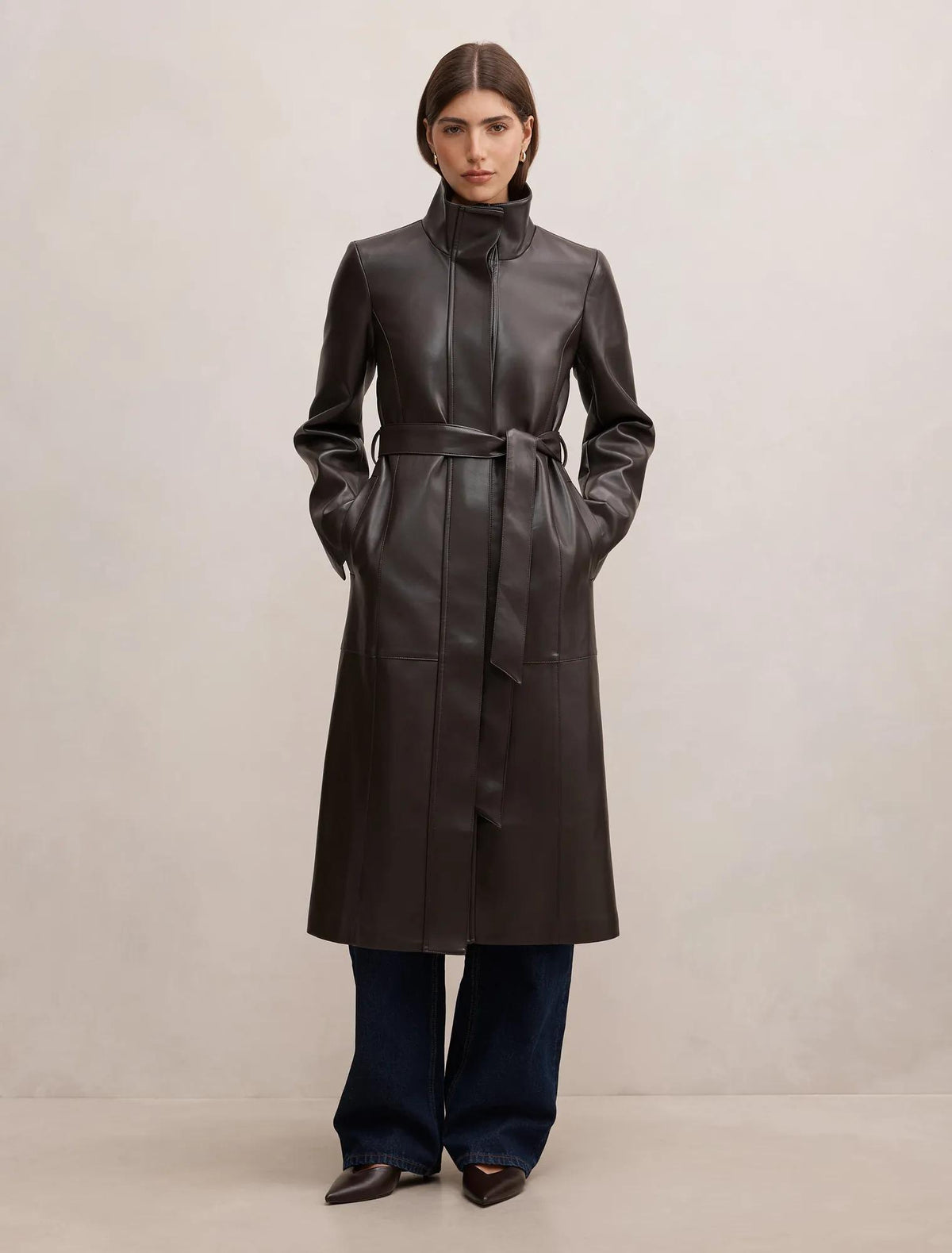 Bonnie PU Funnel Trench Coat Chocolate