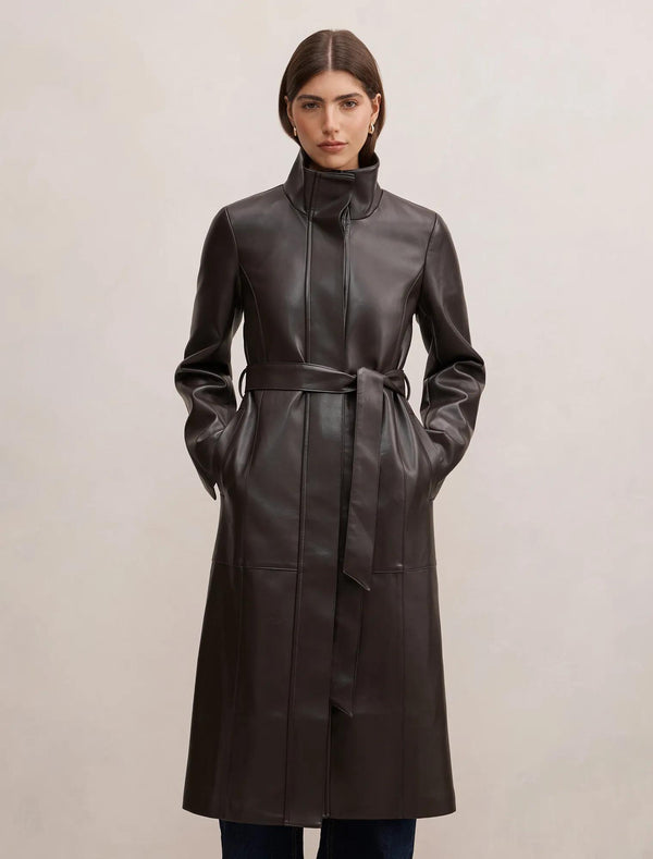 Bonnie PU Funnel Trench Coat Chocolate