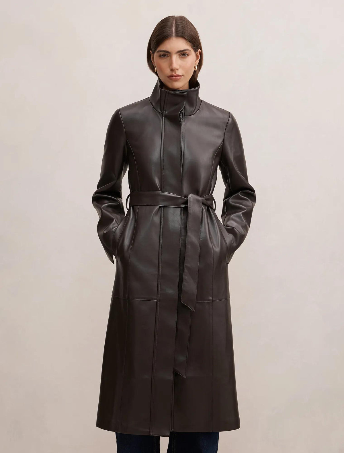 Bonnie PU Funnel Trench Coat Chocolate