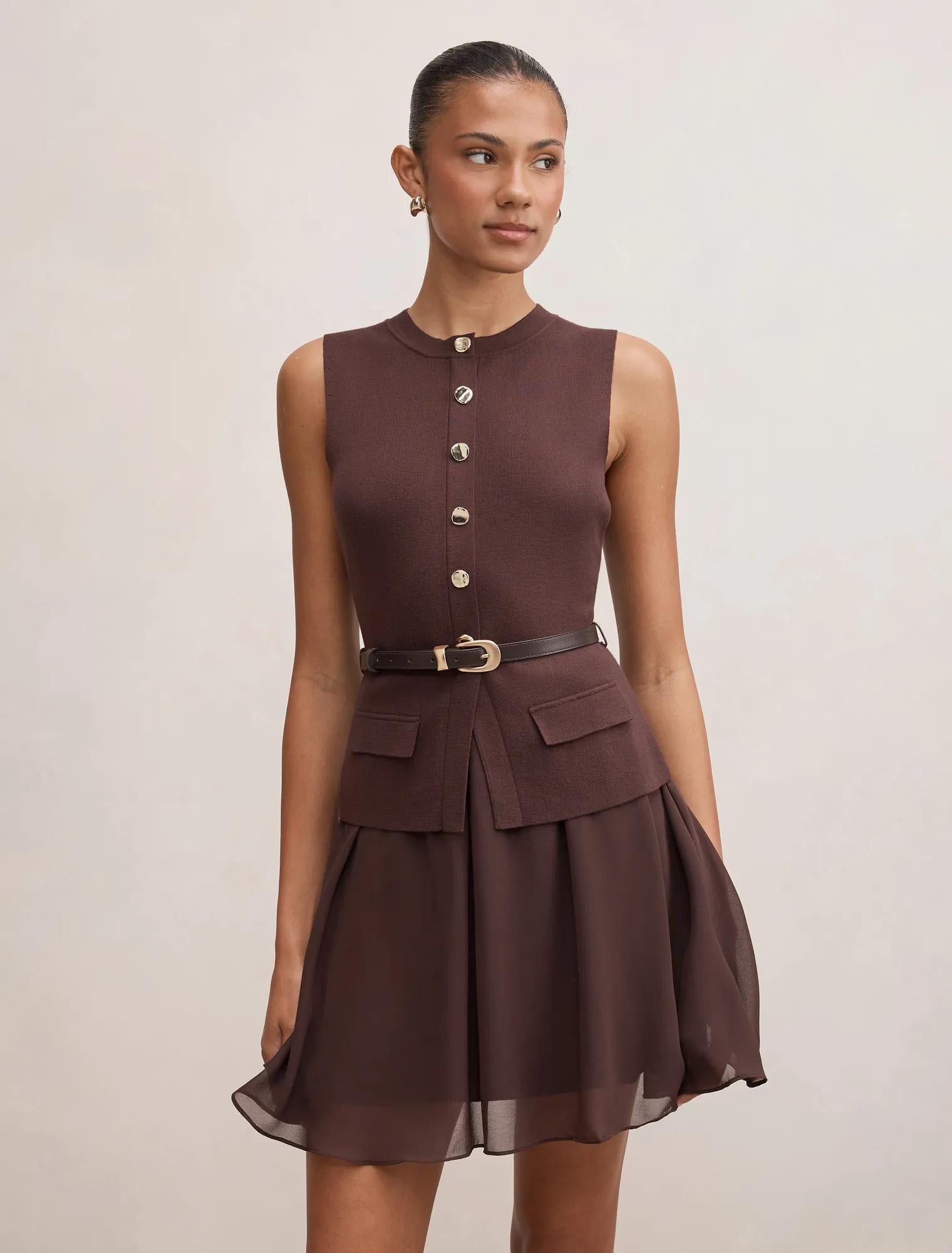 Belle Woven Mix Mini dress Chocolate