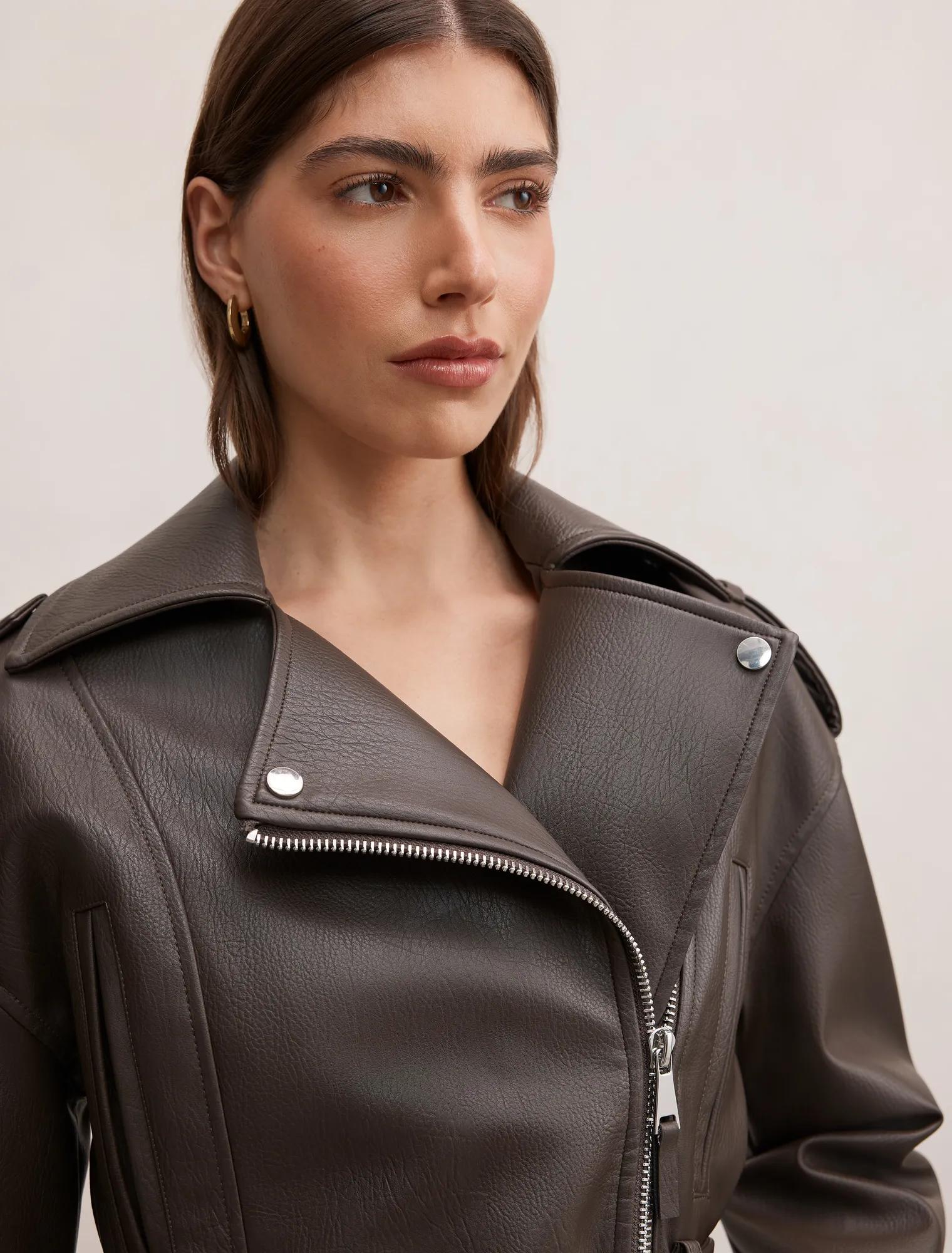 Brooklyn PU Belted Biker Jacket Chocolate