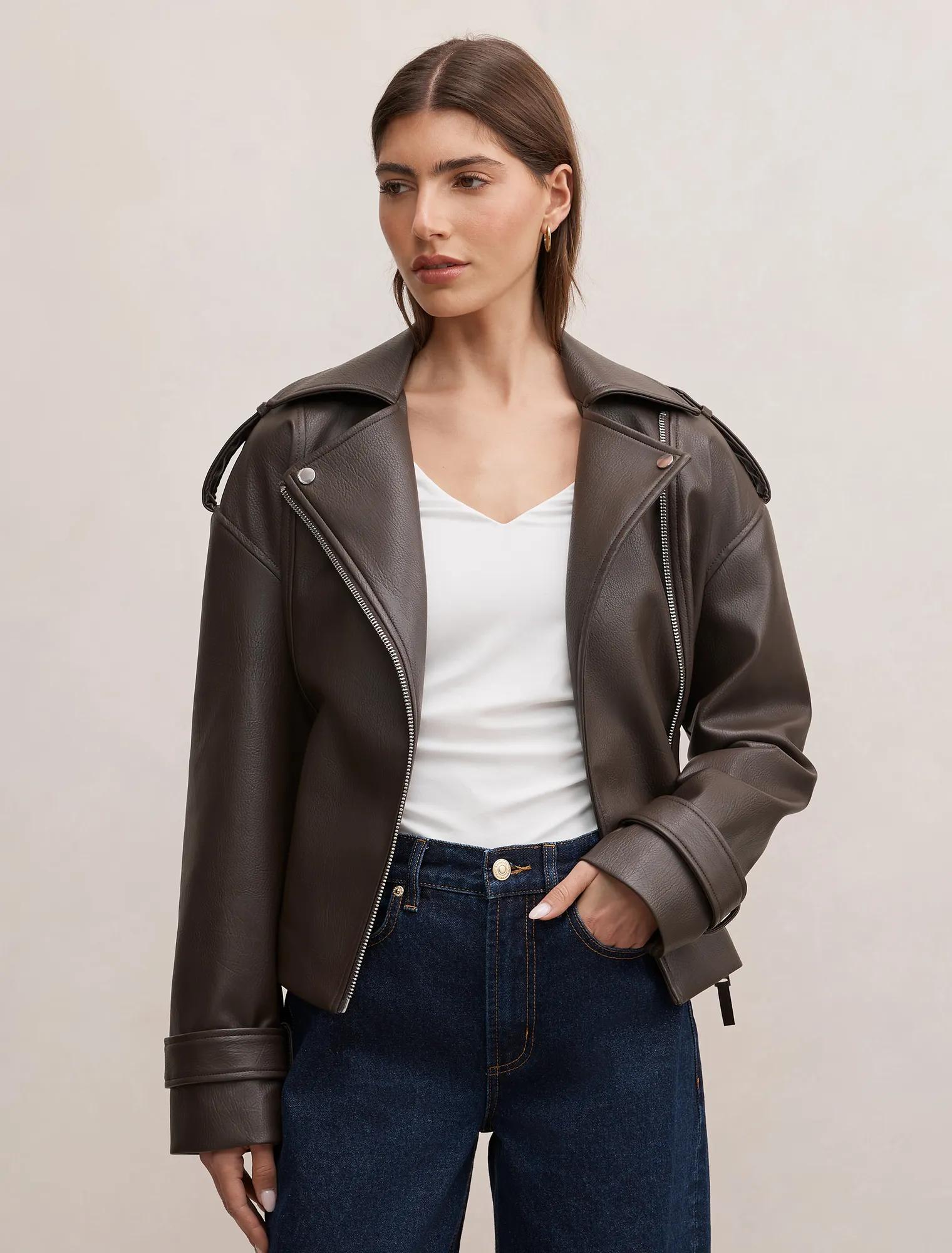 Brooklyn PU Belted Biker Jacket Chocolate