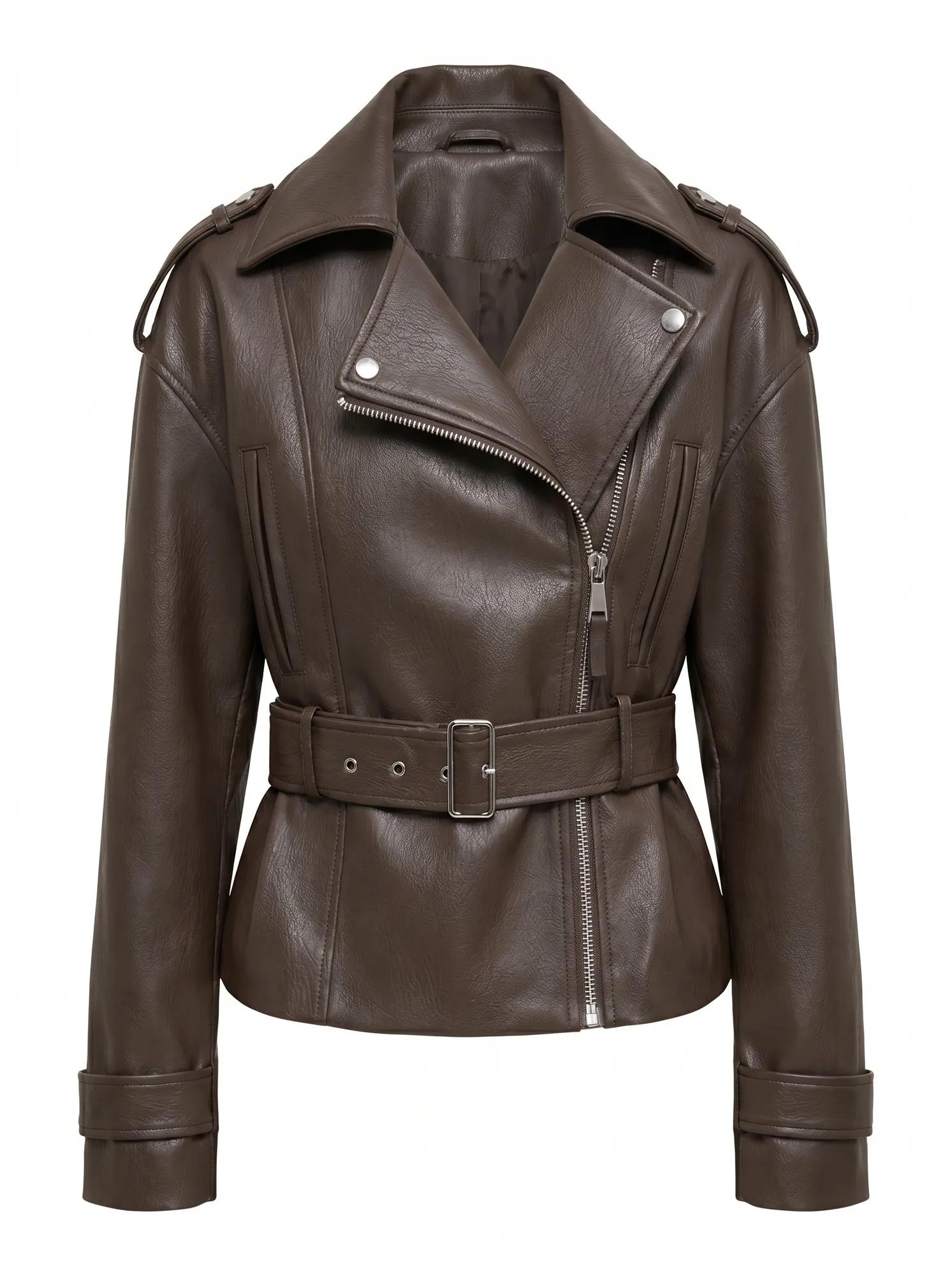 Brooklyn PU Belted Biker Jacket Chocolate_mannequin