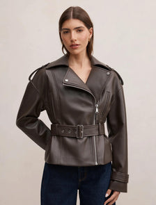 Brooklyn PU Belted Biker Jacket Chocolate
