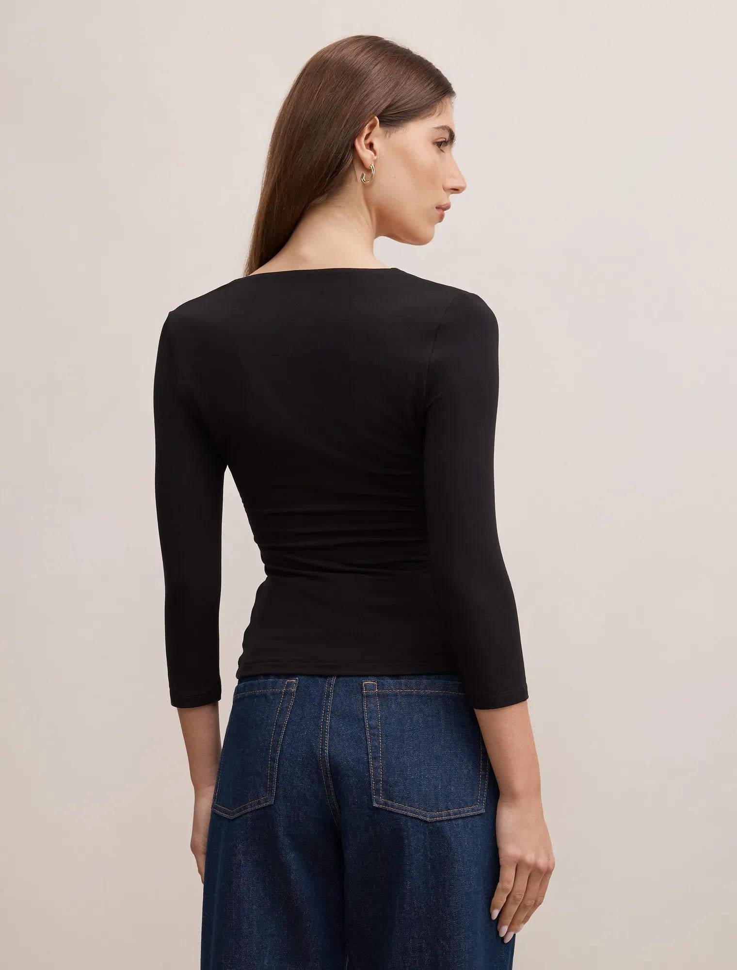 Tia V Neck 3/4 Sleeve Top Black