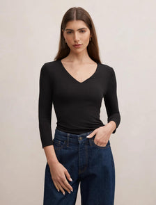 Tia V Neck 3/4 Sleeve Top Black