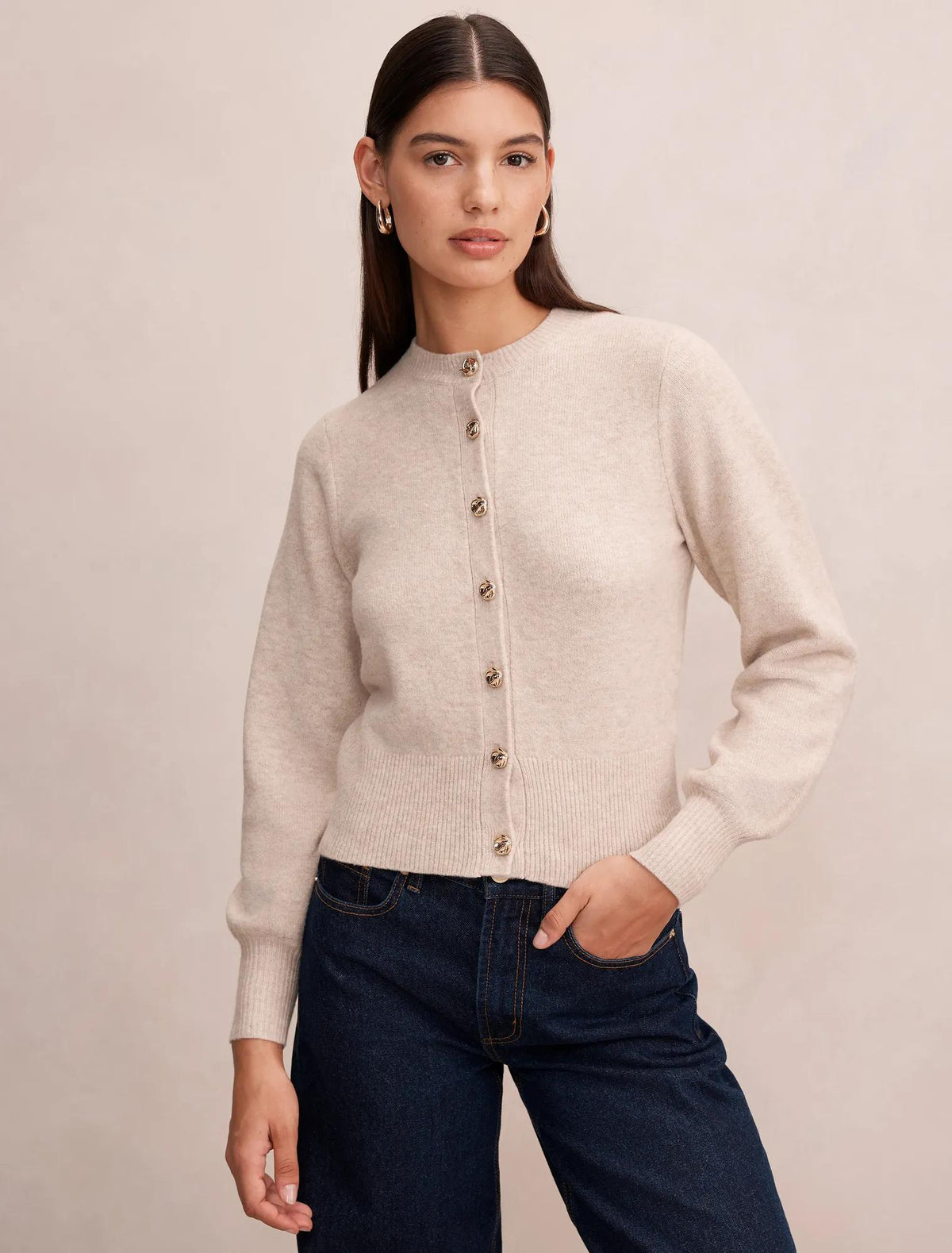 Magda Balloon Sleeve Cardigan Neutral Oat