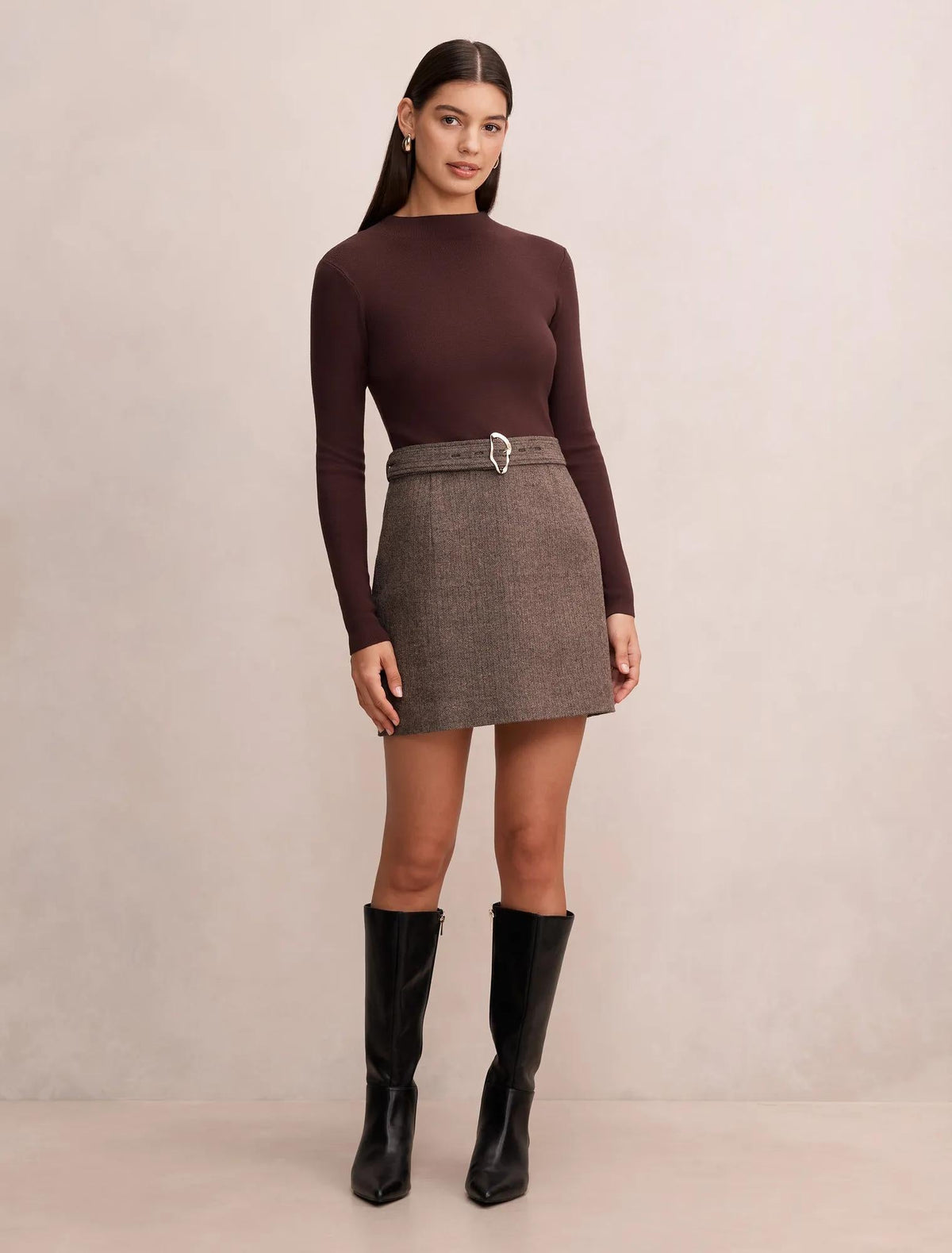 Freya Woven Mixed Mini Dress Chocolate
