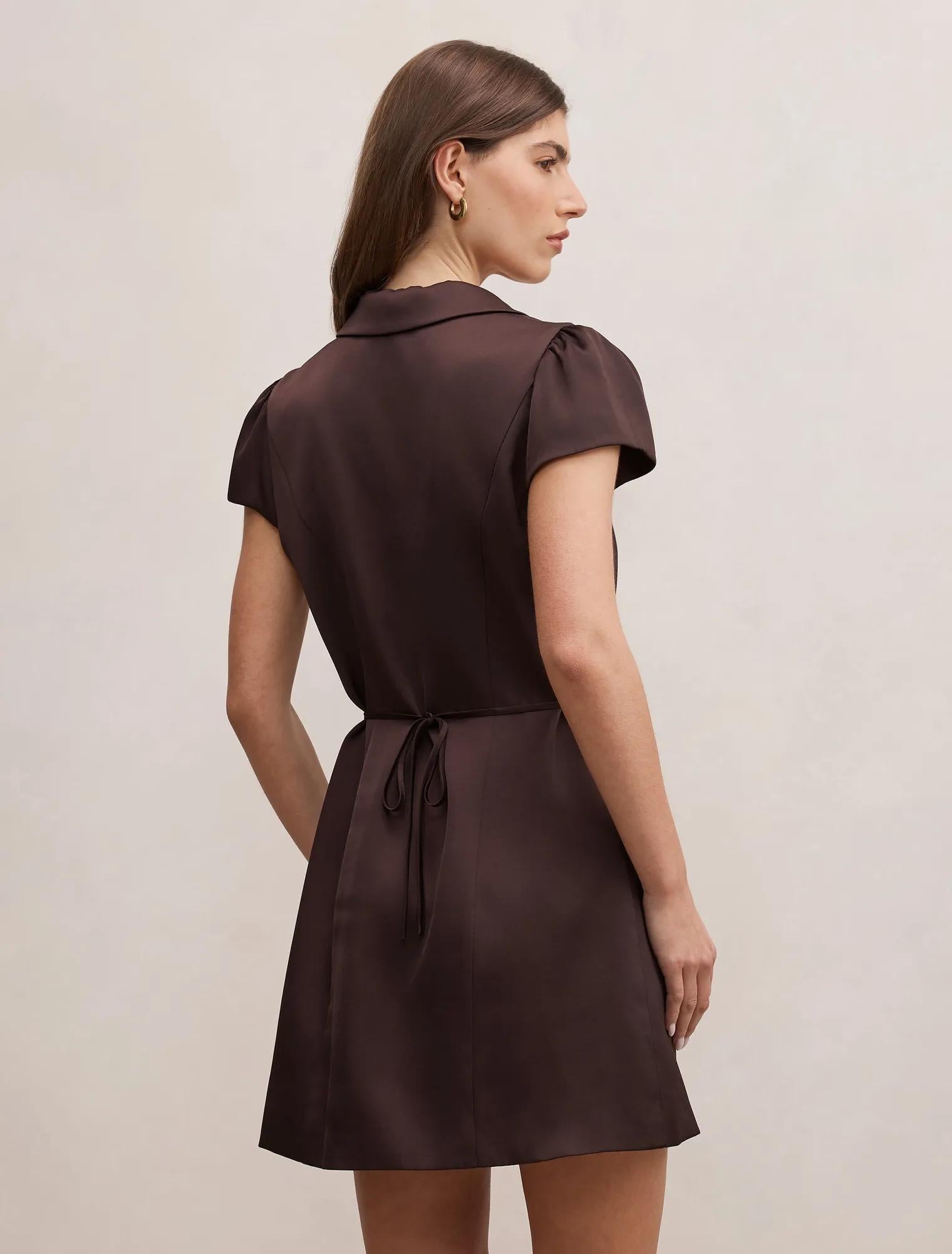Blair Satin Collared Mini Dress Chocolate Bean