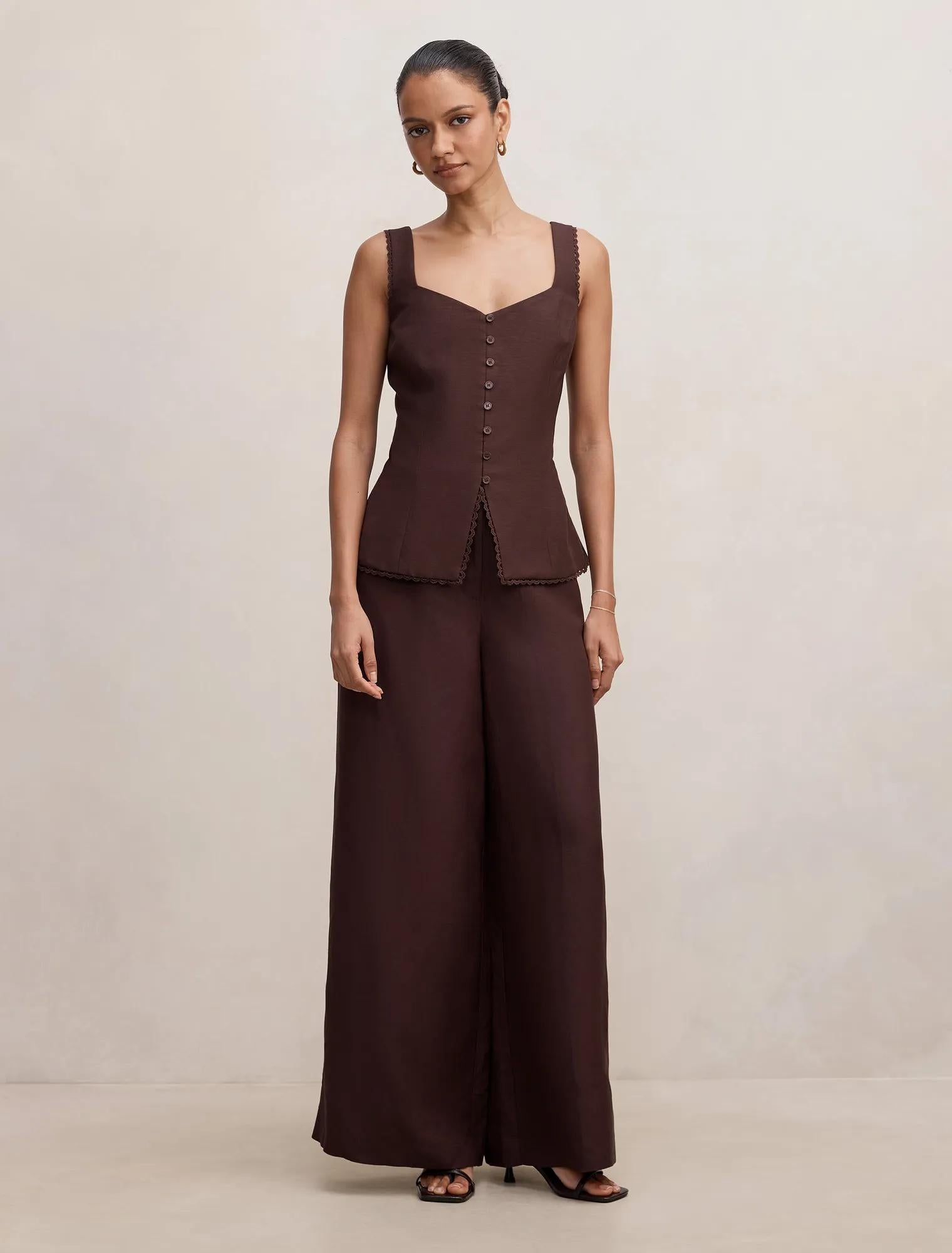 Matilda Petite Linen Blend Pant Chocolate Set