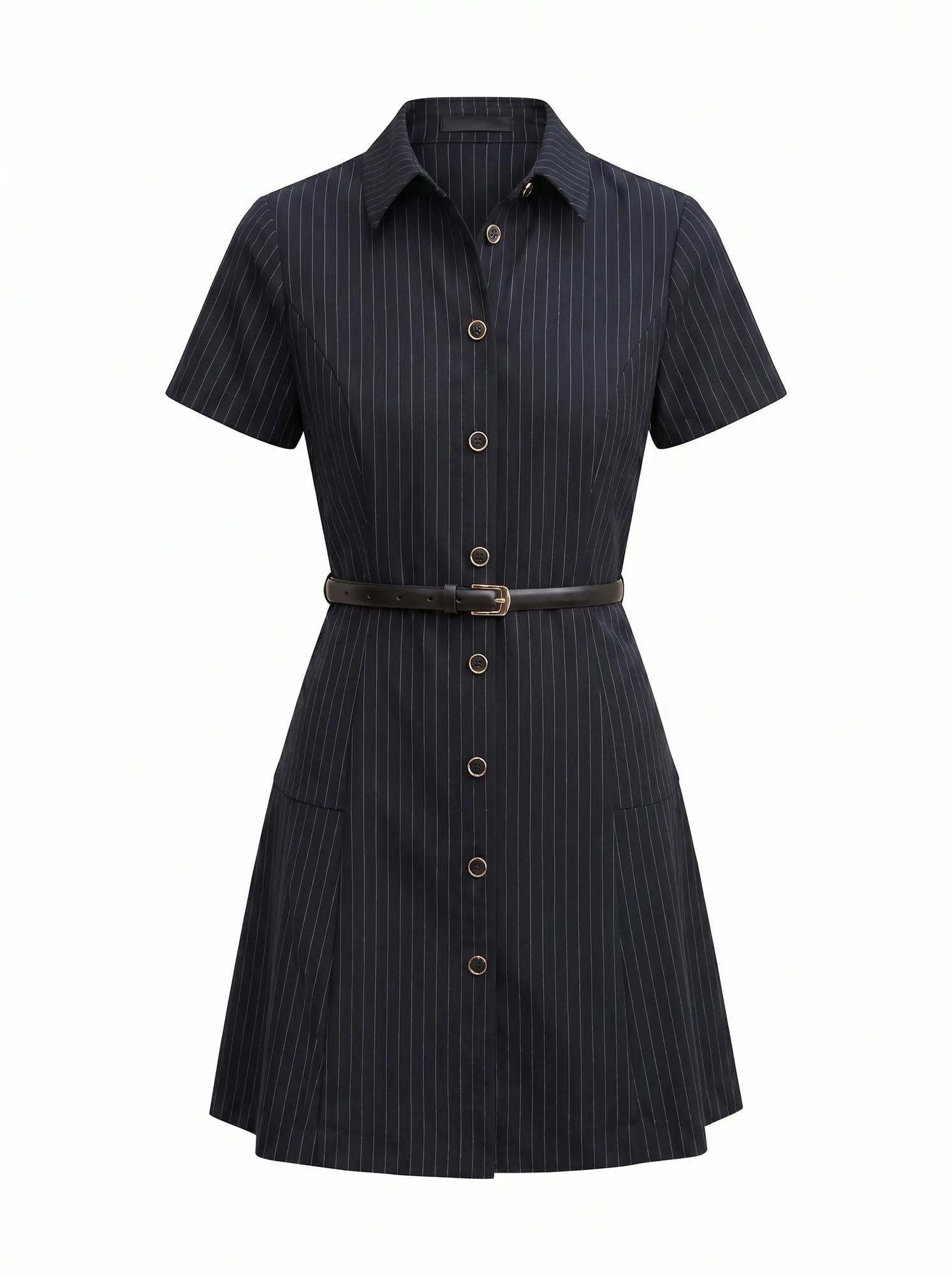 Gigi Pleated Button Down Mini Dress Navy Pinstripe_mannequin