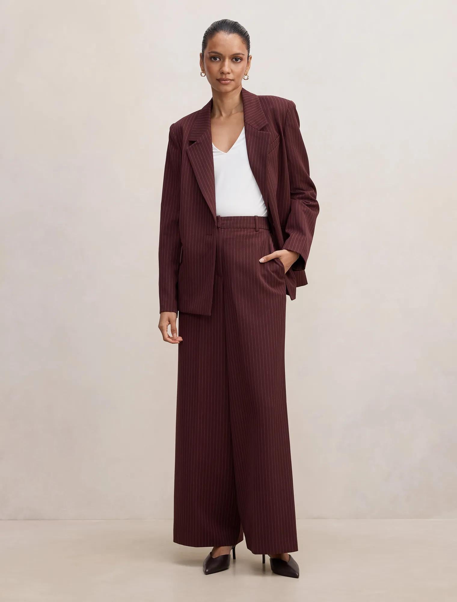 Paloma Petite Wide Leg Pant Berry Pinstripe Suit