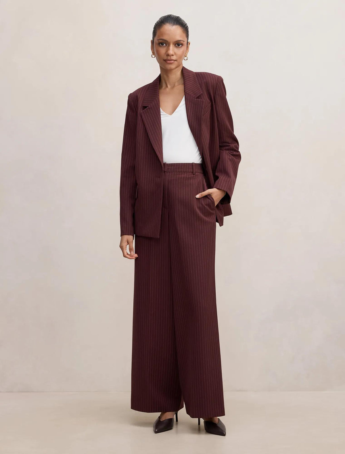 Paloma Petite Wide Leg Pant Berry Pinstripe Suit
